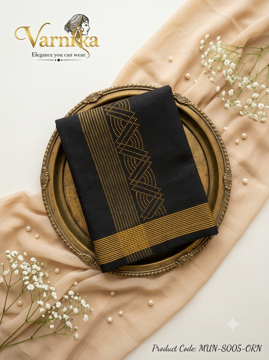 MUN-S005 Midnight Elegance Men’s Cotton Mundu – Stone Border Collection