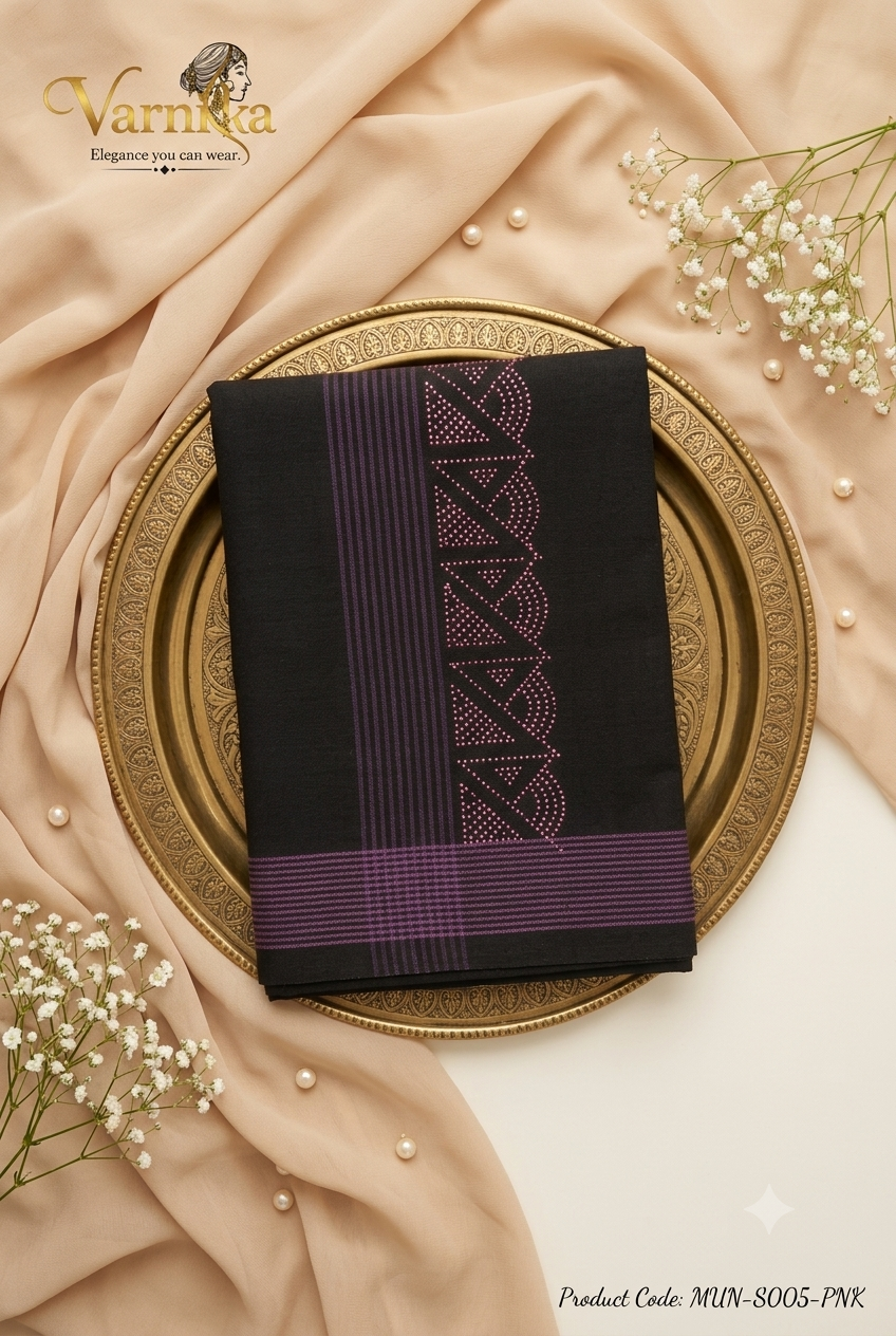 MUN-S005 Midnight Elegance Men’s Cotton Mundu – Stone Border Collection