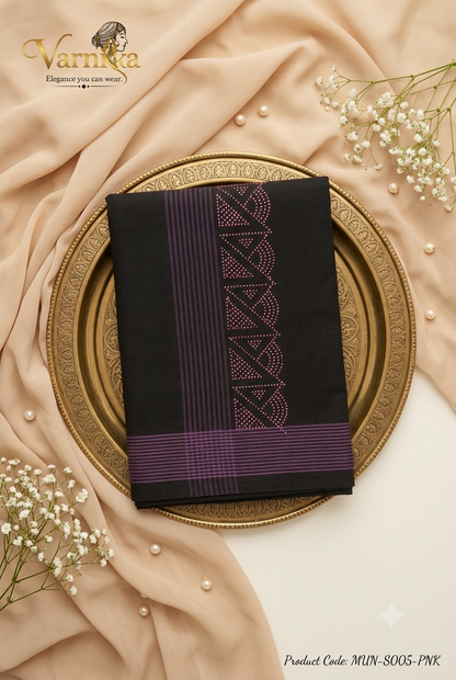 MUN-S005 Midnight Elegance Men’s Cotton Mundu – Stone Border Collection
