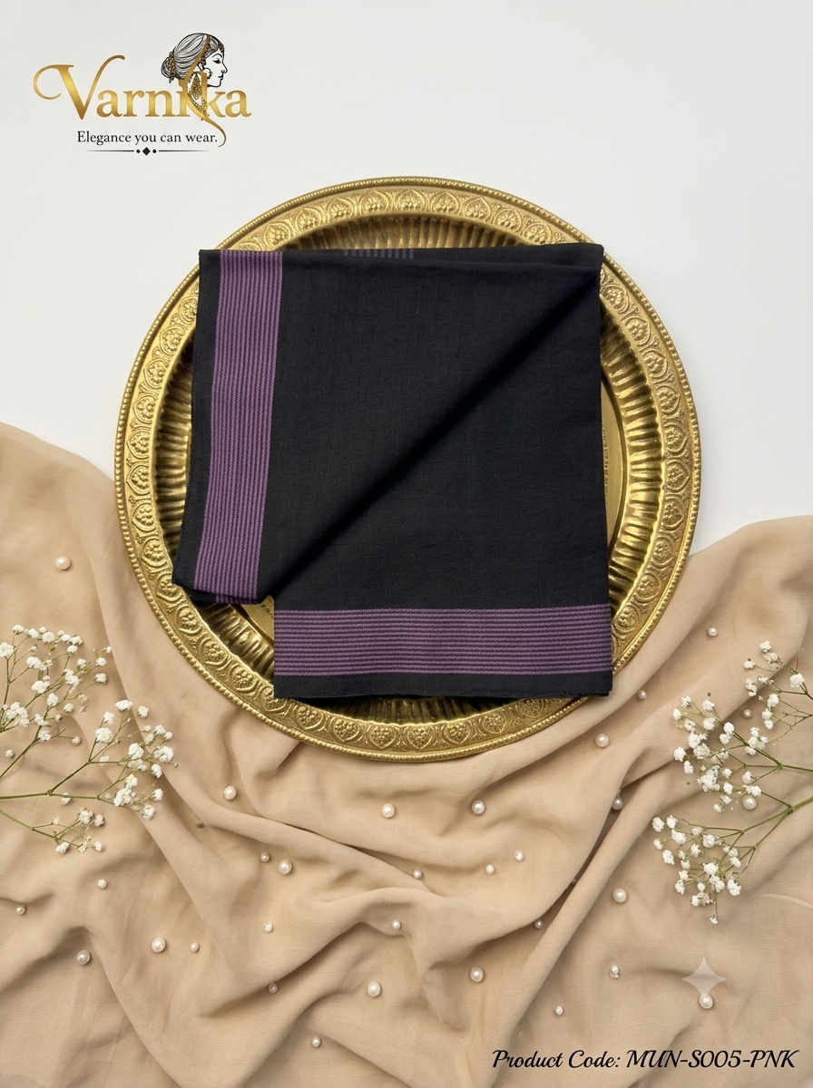 MUN-S005 Midnight Elegance Men’s Cotton Mundu – Stone Border Collection