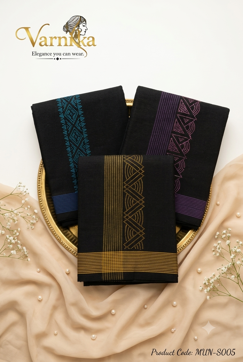 MUN-S005 Midnight Elegance Men’s Cotton Mundu – Stone Border Collection