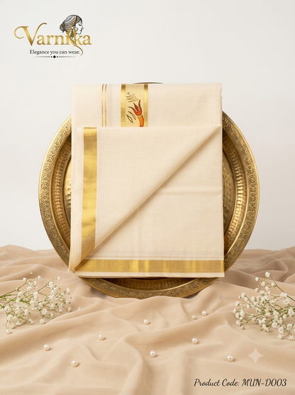 MUN-D003 - Men's Premium Cotton Kasavu Mundu – Elegant Trishul Hand-Painted Edition