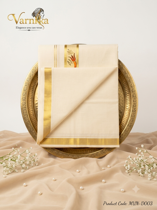 MUN-D003 - Men's Premium Cotton Kasavu Mundu – Elegant Trishul Hand-Painted Edition