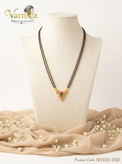NEC010 - Dual-Strand Black Bead Mangalsutra Necklace with Teardrop Stone Pendant