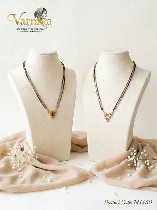 NEC010 - Dual-Strand Black Bead Mangalsutra Necklace with Teardrop Stone Pendant