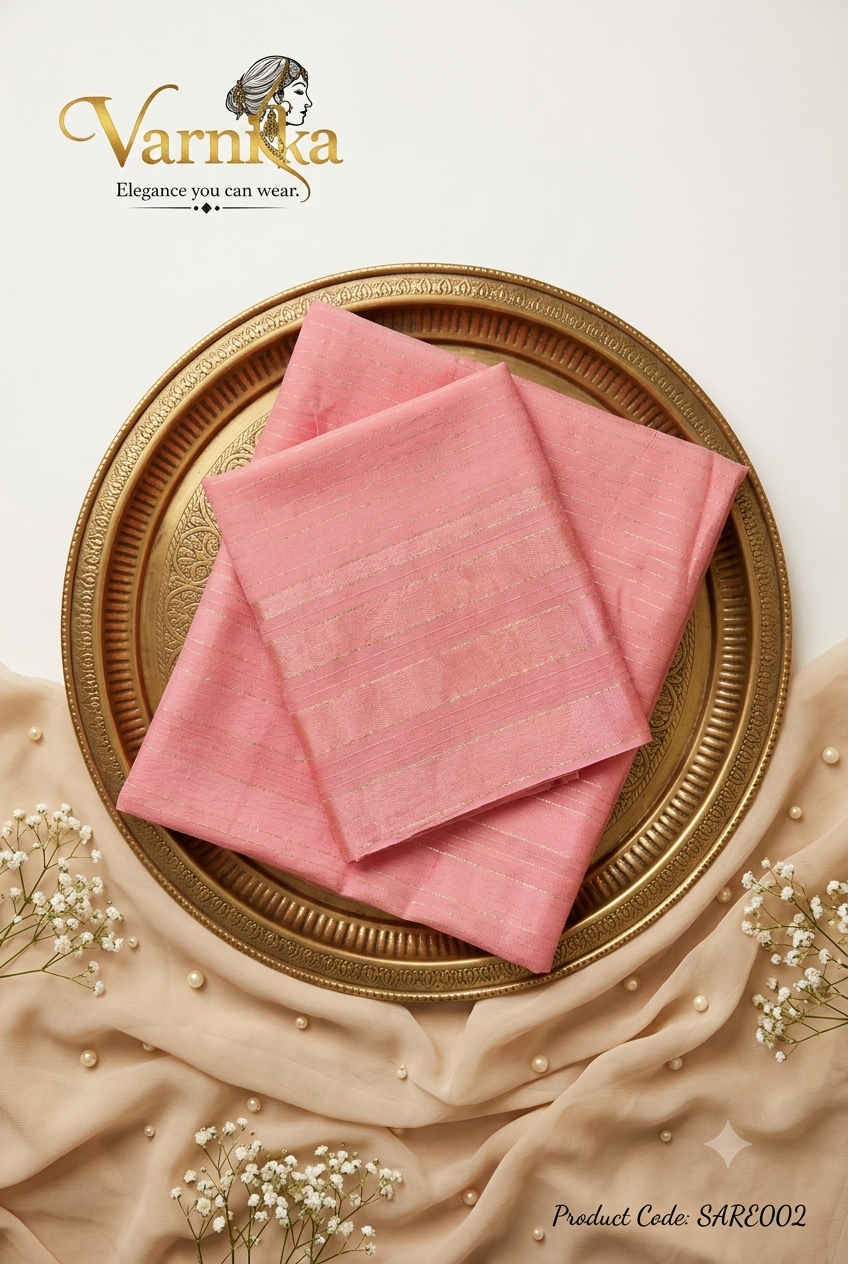 SARE002 - Blush Pink Gold Striped Chinon Saree