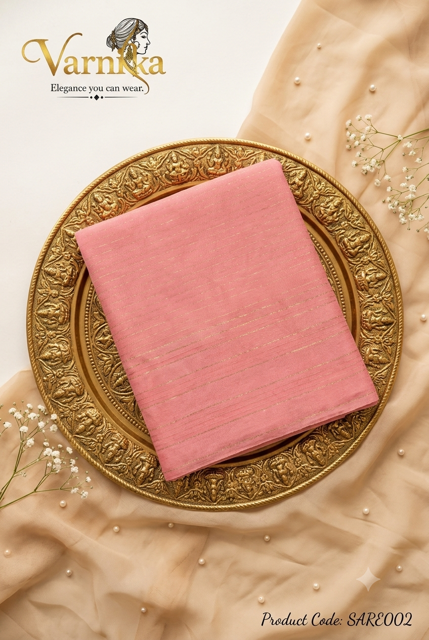 SARE002 - Blush Pink Gold Striped Chinon Saree