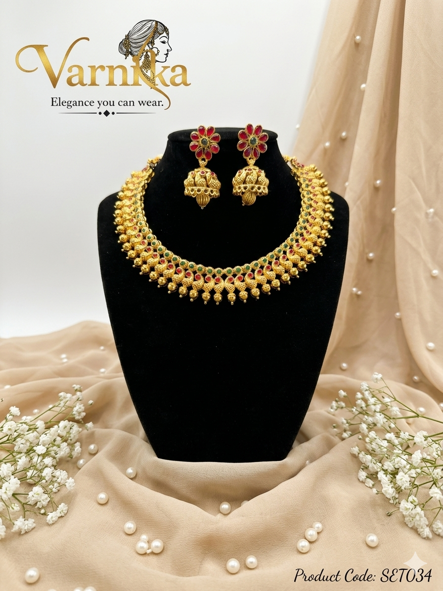 Kemp-Inspired Floral Guttapusalu Short Necklace Set - SET034