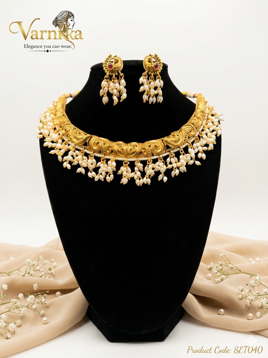 Mayura Pearl-Fringe Heritage Necklace Set - SET040