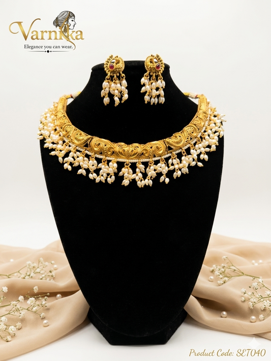 Mayura Pearl-Fringe Heritage Necklace Set - SET040