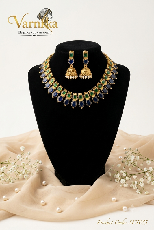 SET055 - Mayura Royal Blue & Green Enamel Choker Set