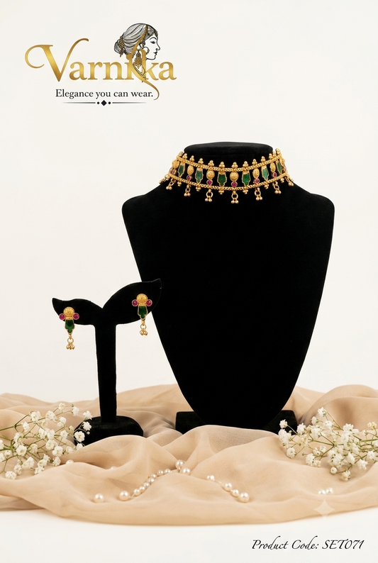 SET071-  Nitya Emerald & Crimson Enamel Choker Set
