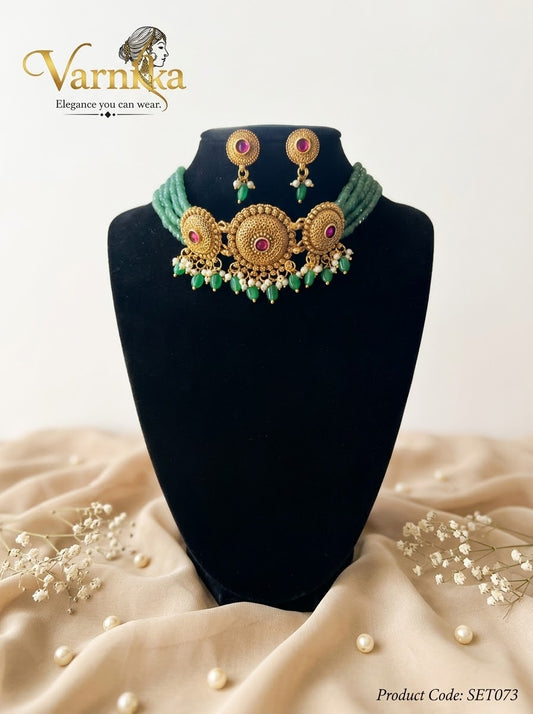 SET073 - Avani Heritage Green Beaded Choker Set
