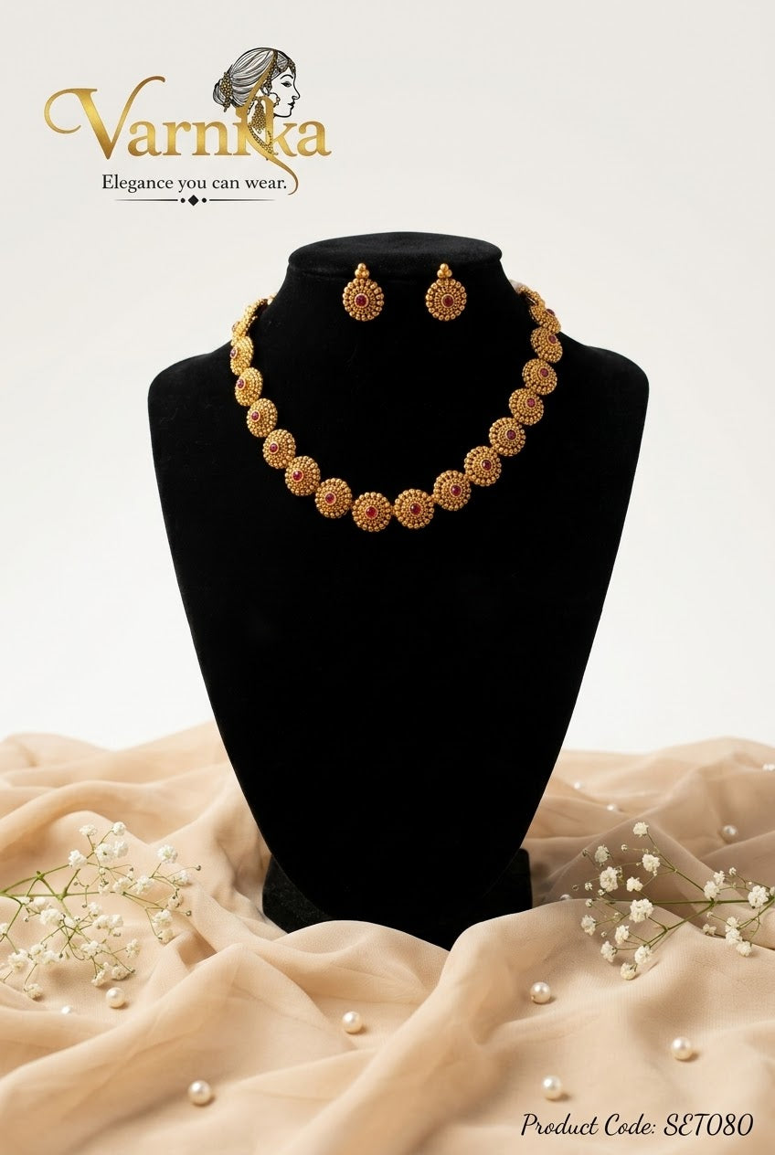 SET080 - Padma Antique Finish Floral Short Necklace