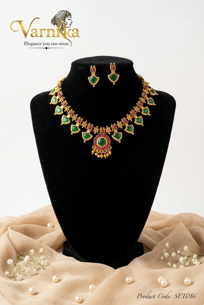 SET086 - Mayura Emerald & Ruby Floral Short Necklace Set