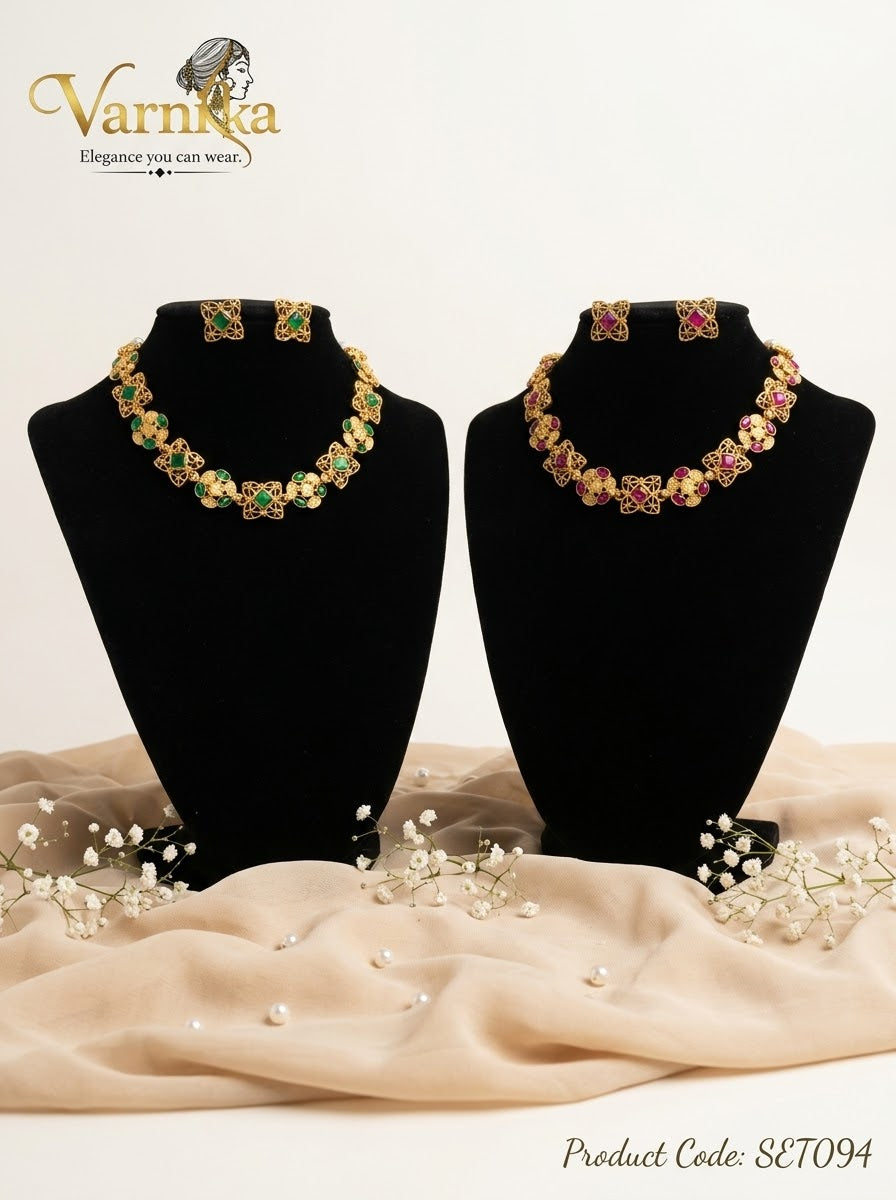 SET094 - Antique Gold-Tone Matte Filigree Choker & Stud Earrings Set