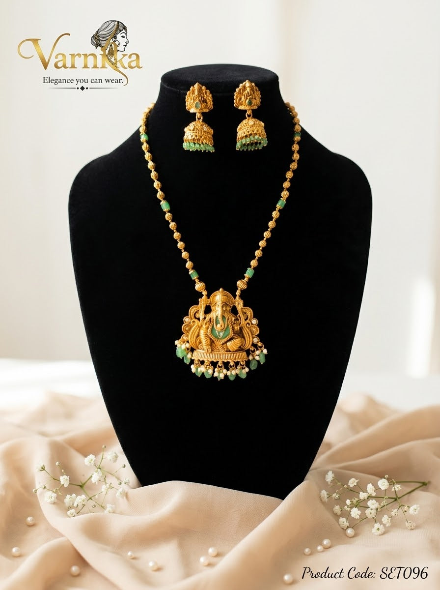SET096 - Antique Gold-Tone Ganesha Temple Necklace Set with Green Beads & Jhumkas