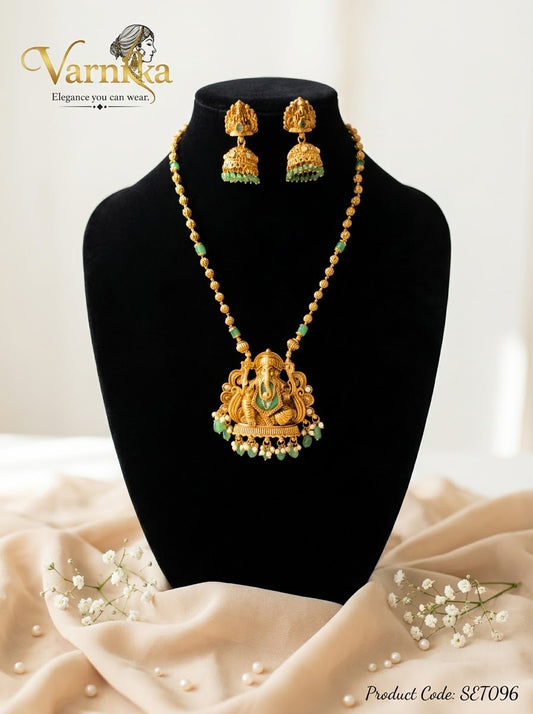 SET096 - Antique Gold-Tone Ganesha Temple Necklace Set with Green Beads & Jhumkas