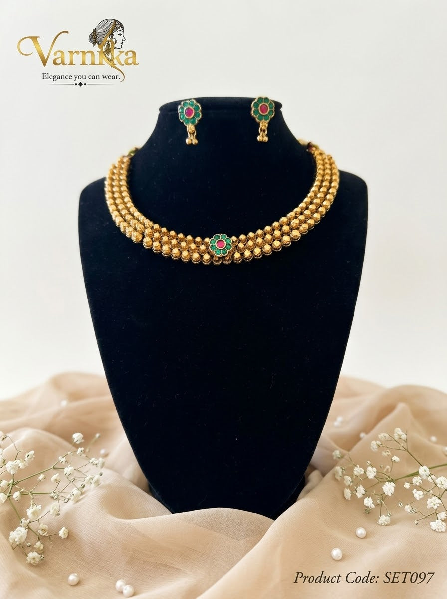 SET097 - Kemp Motif Gold-Tone Bead Choker & Studs Set