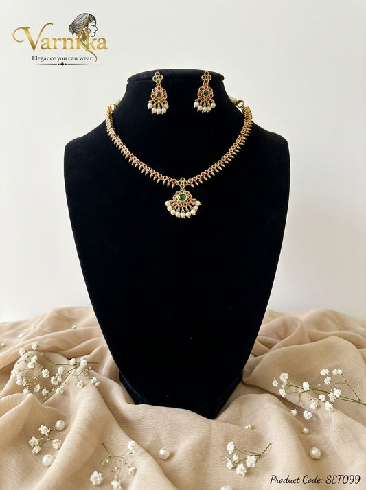 SET099 - Antique Matte Kemp & Pearl Short Necklace Set