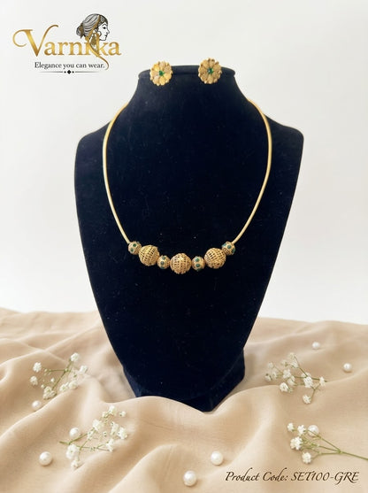 SET100 - Antique Gold Filigree Ball Necklace Set with Floral Stud