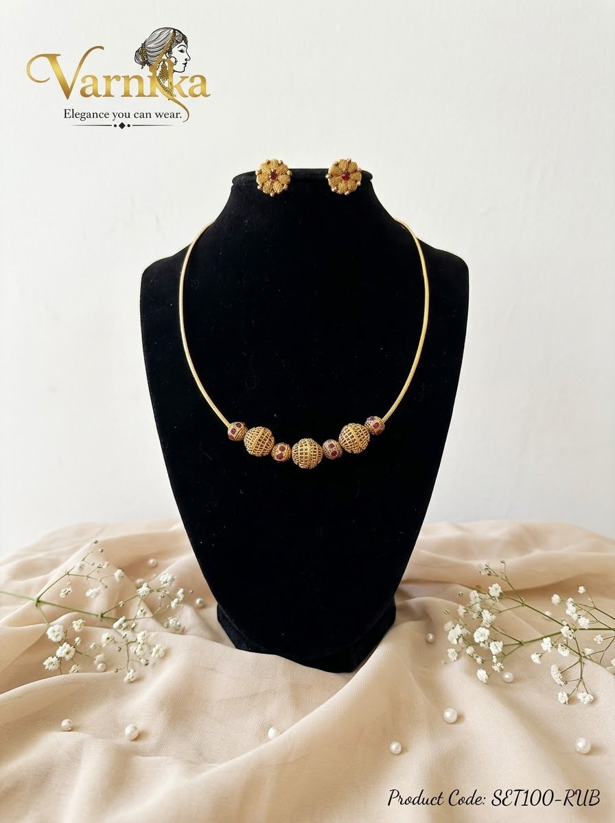 SET100 - Antique Gold Filigree Ball Necklace Set with Floral Stud