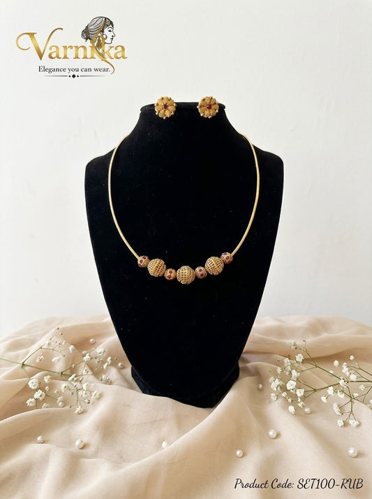 SET100 - Antique Gold Filigree Ball Necklace Set with Floral Stud