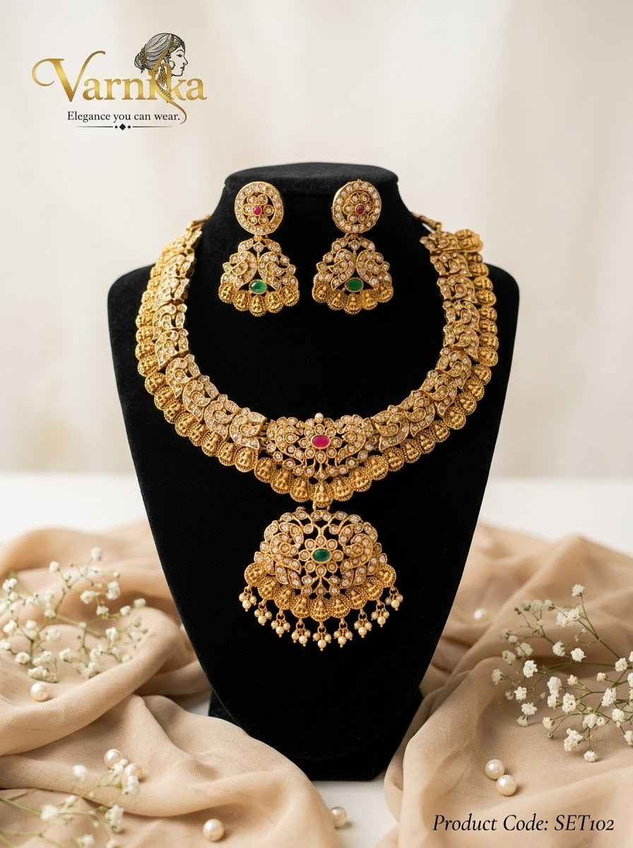SET102 - Aditi Antique Gold-Tone Temple Short Necklace Set
