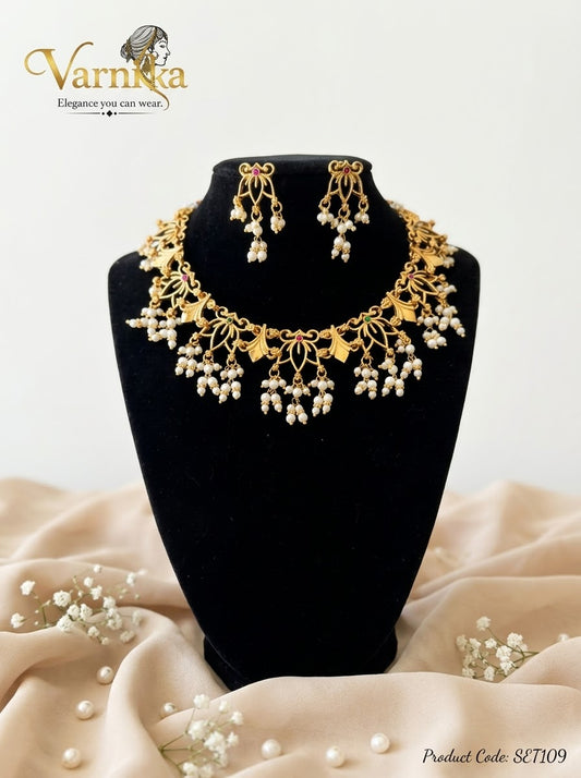 SET109 - Padmaja Matte Gold Petal Choker Set with Pearl Clusters