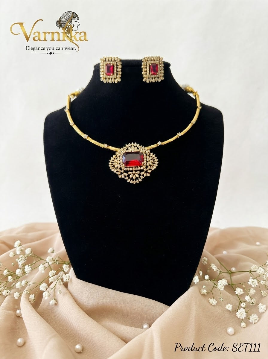 SET111 - Ruby Red Statement Collar Necklace Set