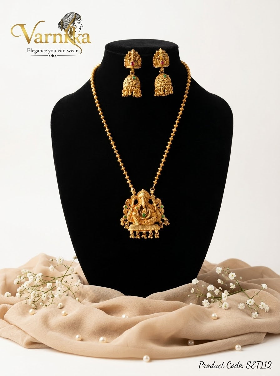 SET112 - Antique Temple Ganesha Pendant Set with Jhumkas