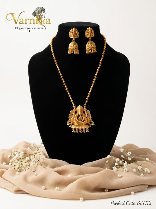 SET112 - Antique Temple Ganesha Pendant Set with Jhumkas