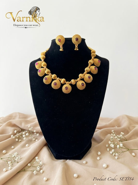 SET114 - Antique Matte Gold-Tone Ruby Floral Drop Necklace Set