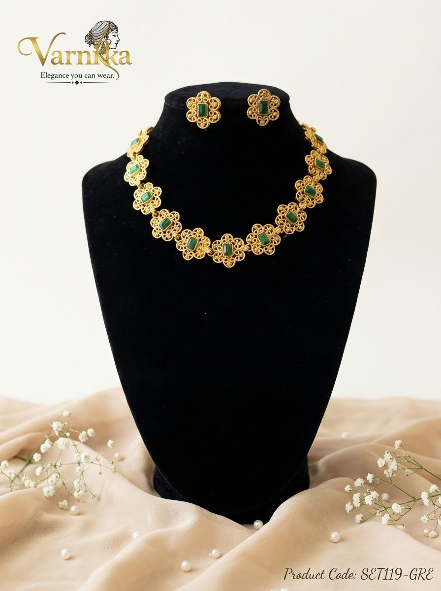SET119 - Floral Filigree Matte Gold-Toned Short Necklace Set with Matching Studs