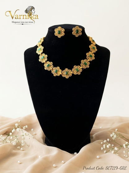 SET119 - Floral Filigree Matte Gold-Toned Short Necklace Set with Matching Studs