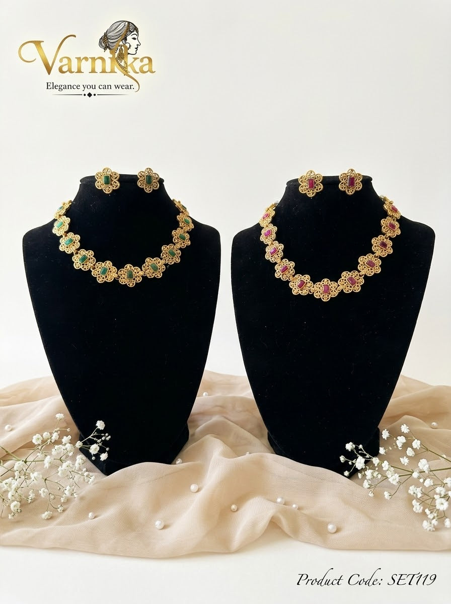 SET119 - Floral Filigree Matte Gold-Toned Short Necklace Set with Matching Studs