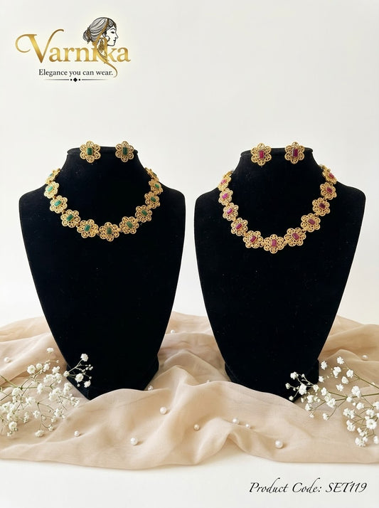 SET119 - Floral Filigree Matte Gold-Toned Short Necklace Set with Matching Studs