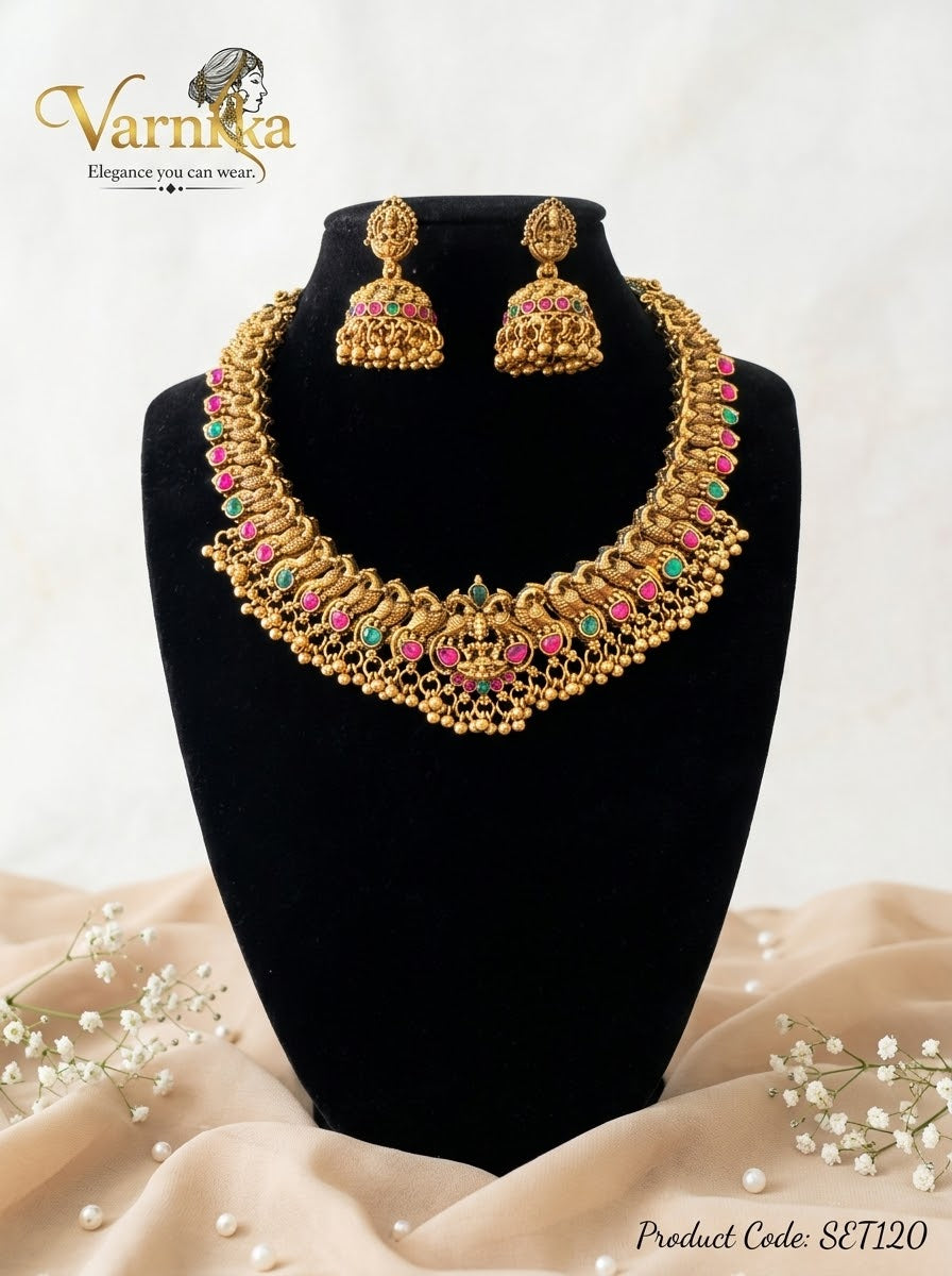 SET120 - Antique Gold-toned Lakshmi & Mayur Temple Collar Necklace Set with Jhumkas