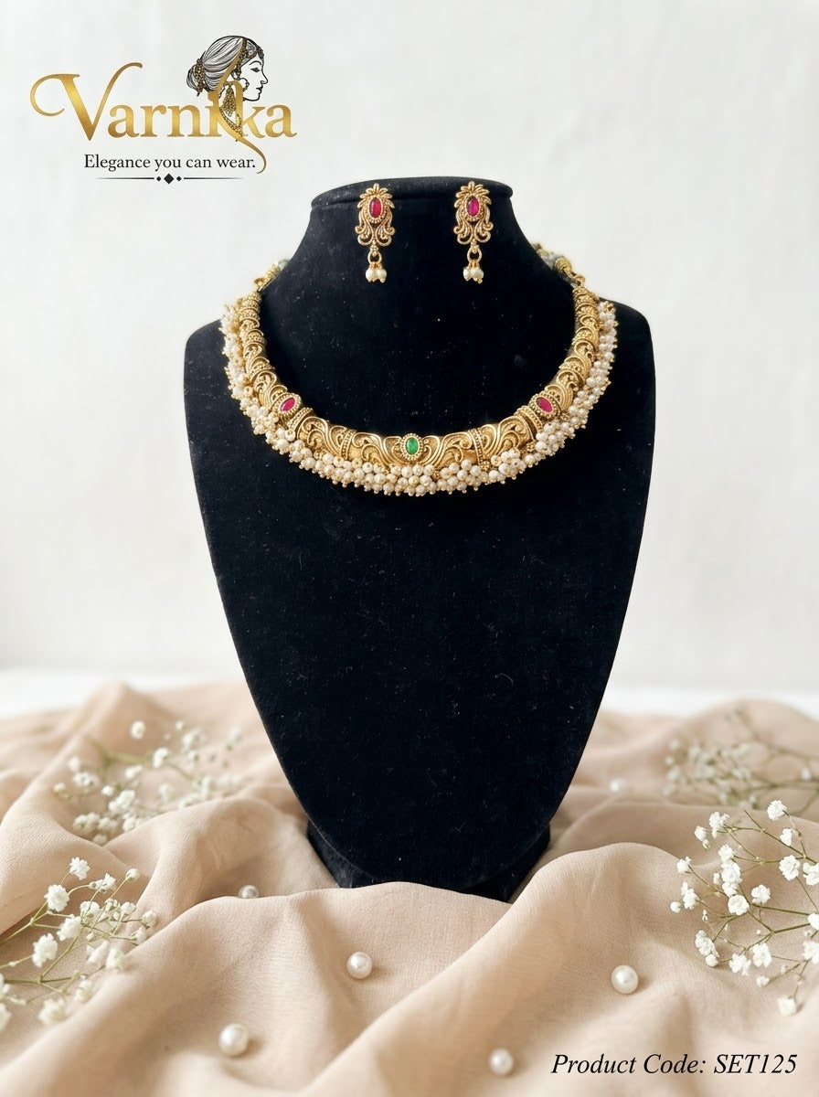 SET125 - Ratna Heritage Carved Choker Set with Seed Pearl Clusters