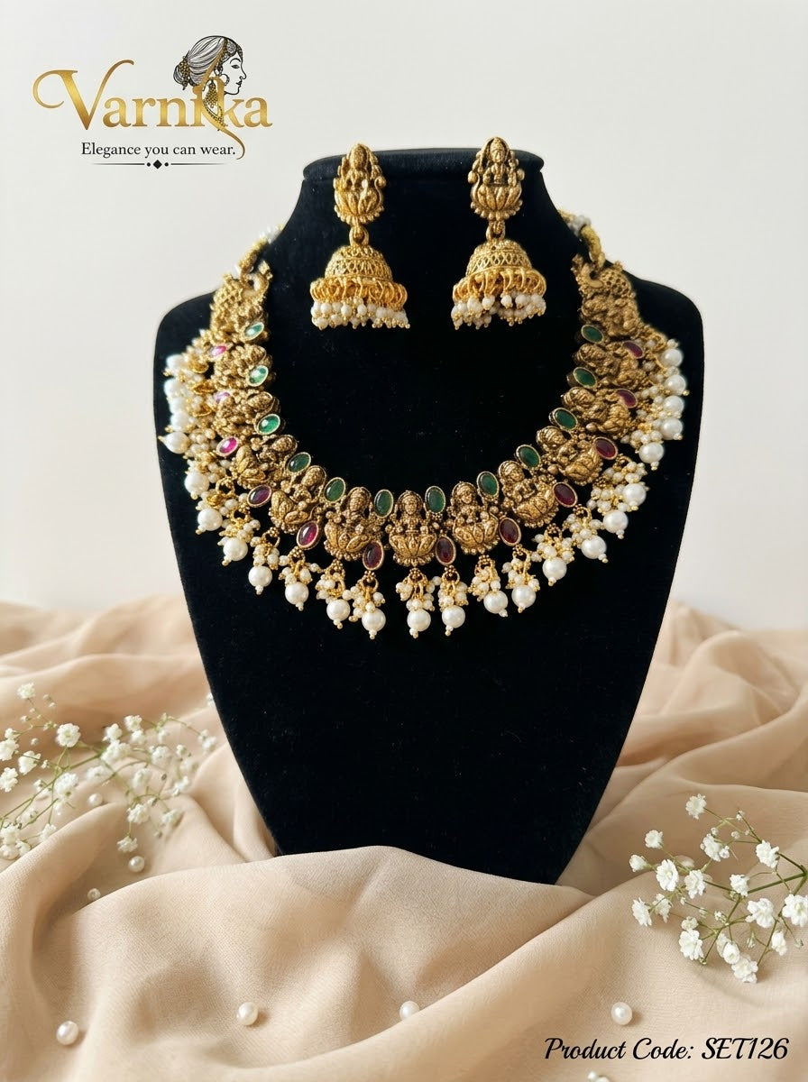 SET126 - Kalyani Antique Temple Choker Set with Pearl Clusters
