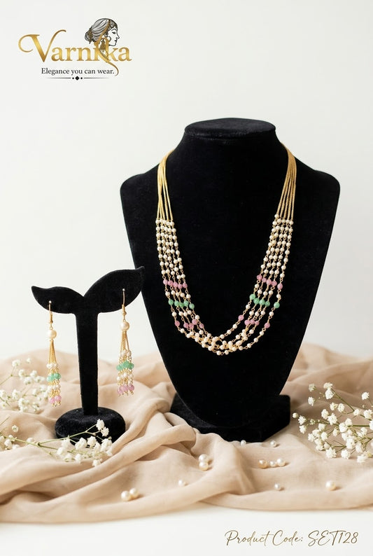 SET128 - Gulnar Multi-Strand Pastel Beaded Haar & Tassel Earrings