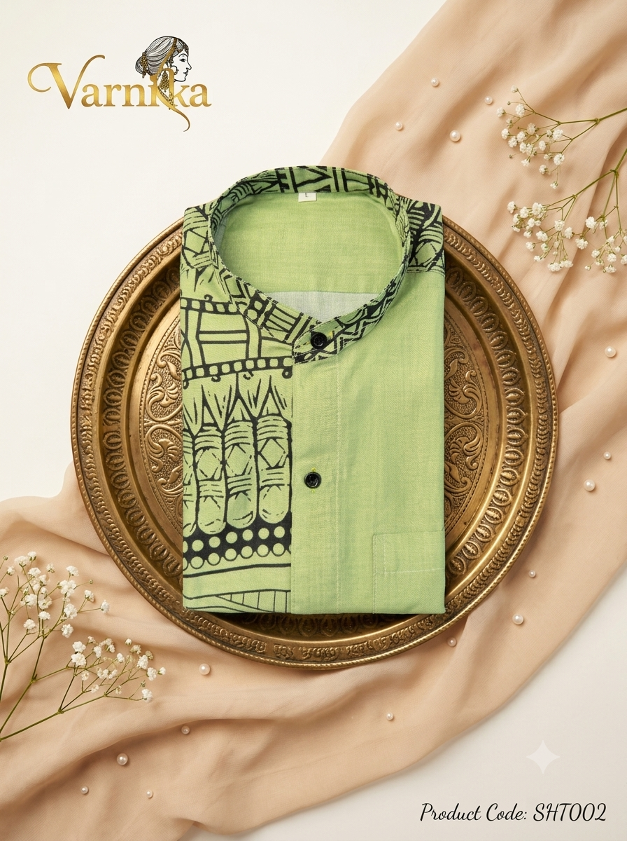 SHT002 -  Pistachio Green Kathakali Art Half-Print Mandarin Shirt