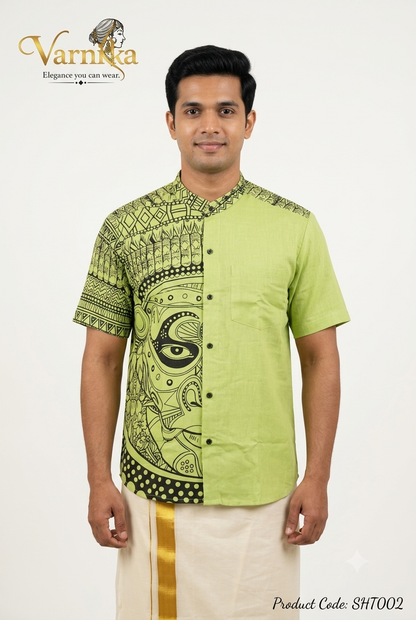 SHT002 -  Pistachio Green Kathakali Art Half-Print Mandarin Shirt