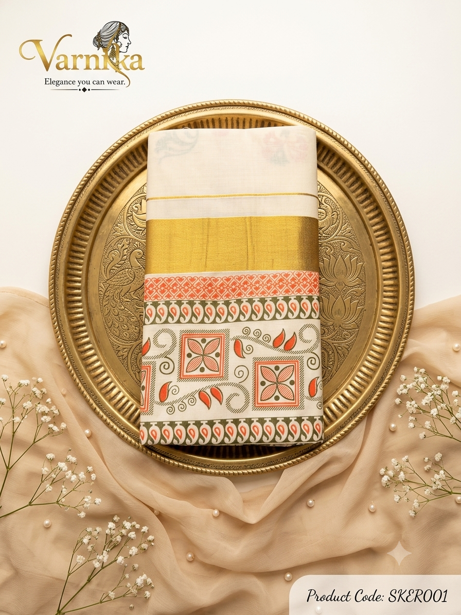 ⁠SKER001- Mayura Floral Kasavu Cotton Saree