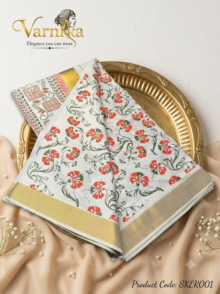⁠SKER001- Mayura Floral Kasavu Cotton Saree
