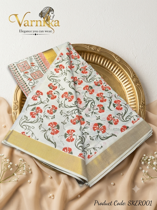 ⁠SKER001- Mayura Floral Kasavu Cotton Saree
