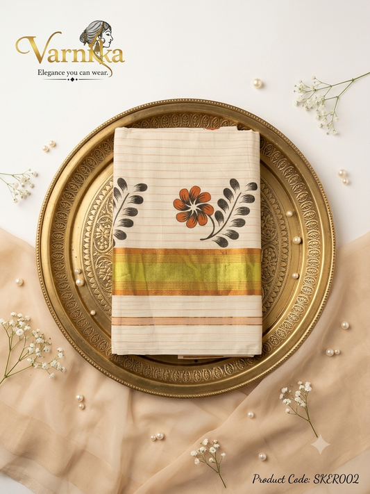 ⁠SKER002 - Malabar Blossom Kerala Cotton Set Saree