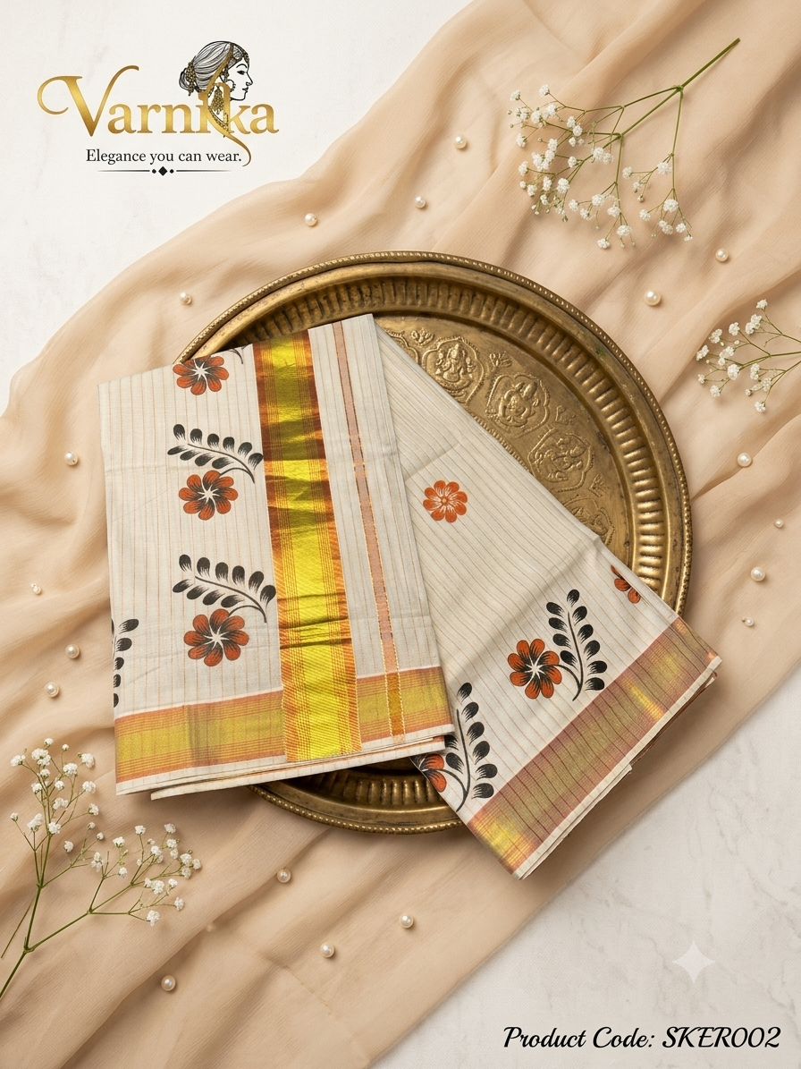 ⁠SKER002 - Malabar Blossom Kerala Cotton Set Saree