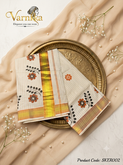 ⁠SKER002 - Malabar Blossom Kerala Cotton Set Saree