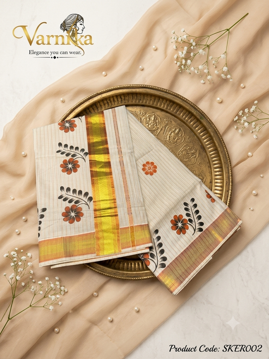 ⁠SKER002 - Malabar Blossom Kerala Cotton Set Saree